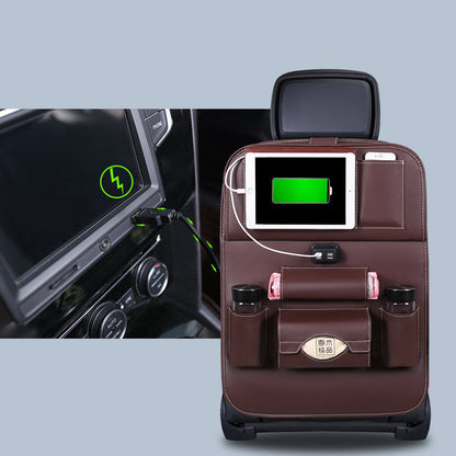 Charging car storage bag seat hanging bag with multiple compartments, shown hanging behind a vehicle seat