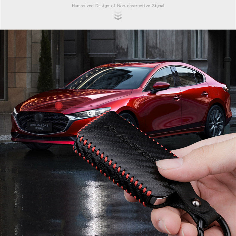 Black leather car key case with key ring and secure button closure
