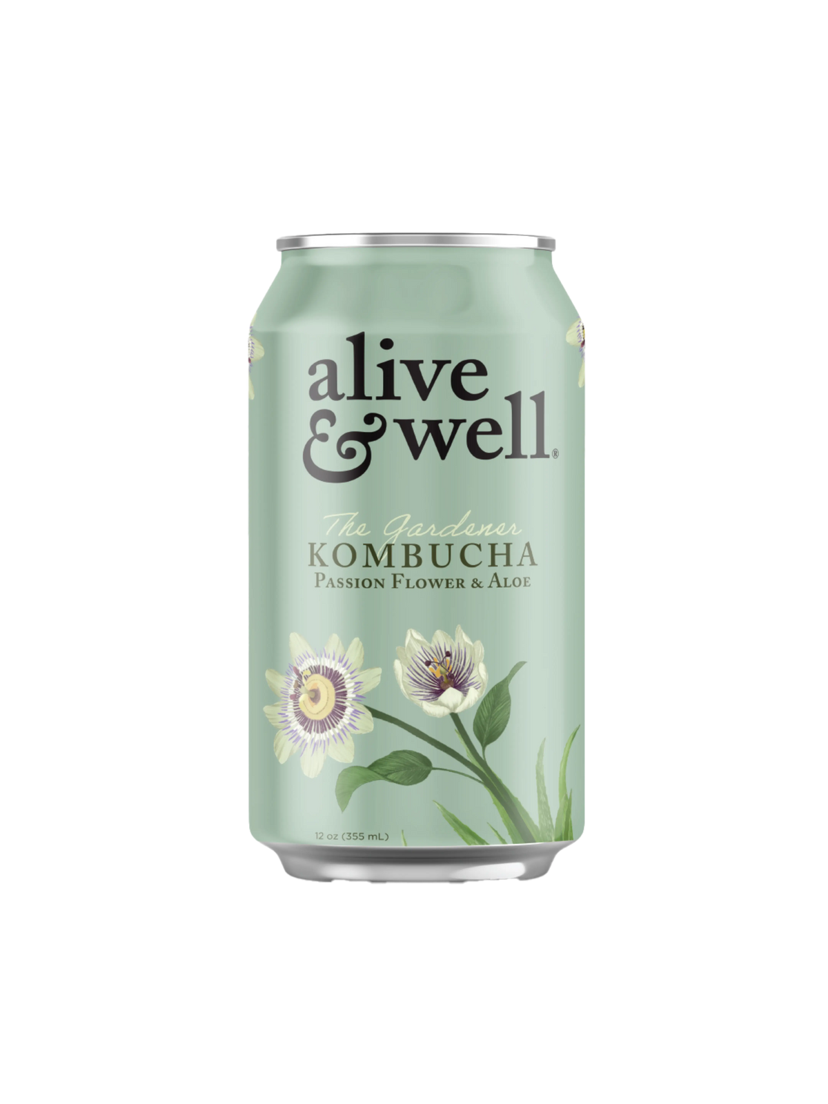 Organic Aloe & Passion Flower Kombucha by Alive & Well in a 6-pack, showing bottles with vibrant labels and fresh ingredients.