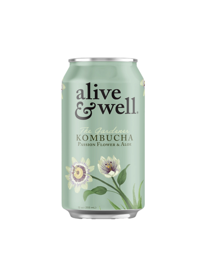 Organic Aloe & Passion Flower Kombucha by Alive & Well in a 6-pack, showing bottles with vibrant labels and fresh ingredients.