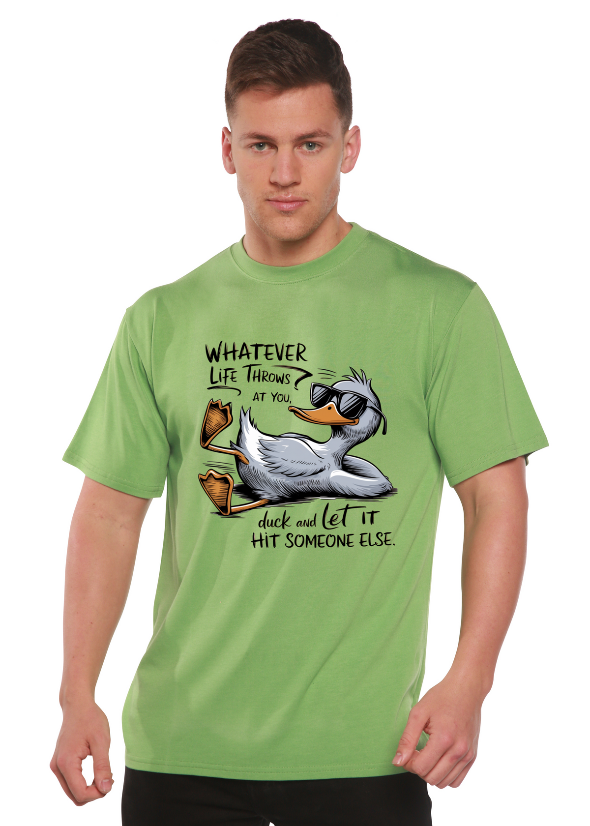 Unisex bamboo and cotton graphic T-shirt with "Whatever Life Throws at You" print, by Spun Bamboo, featuring a casual design.