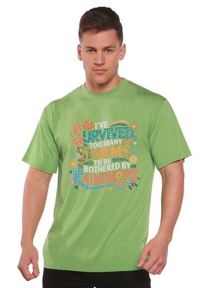 Men's Spun Bamboo graphic T-shirt with "I've Survived Too Many Storms" print, made from unisex bamboo and cotton fabric.