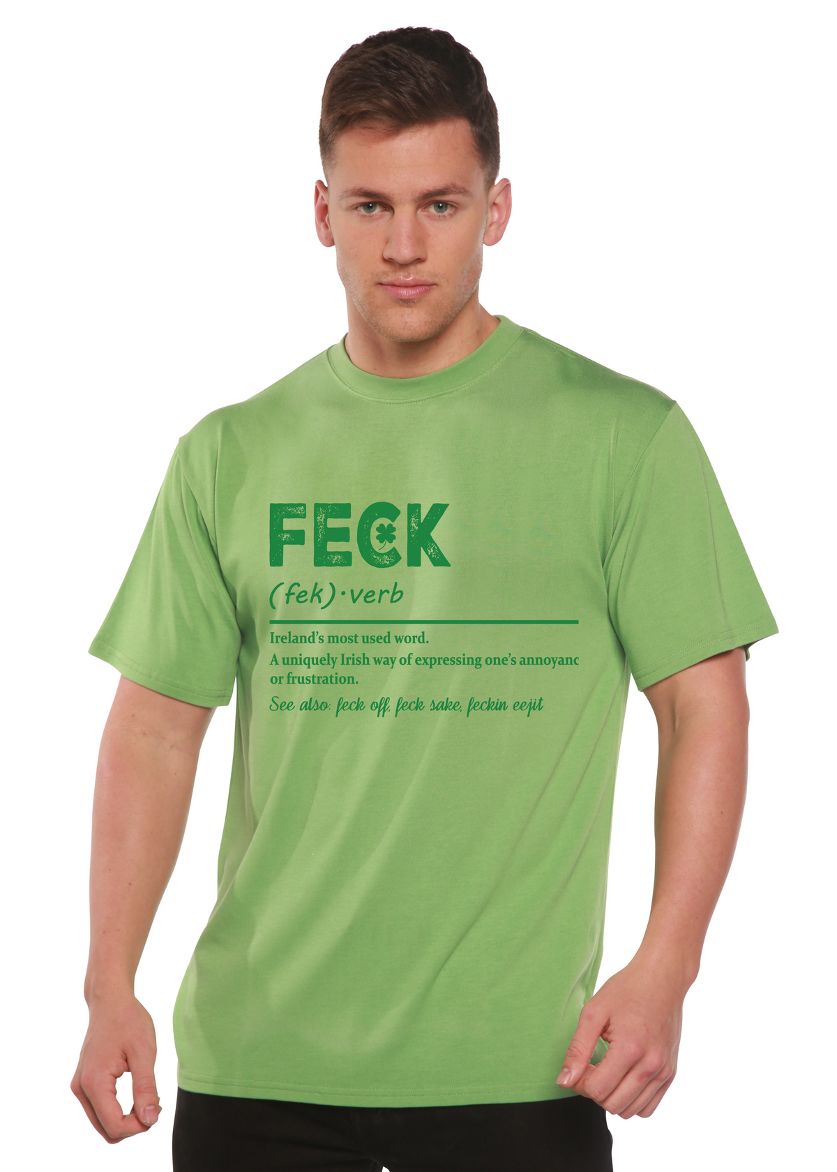 Men's Spun Bamboo Irish St. Patrick's Day T-shirt with green graphic print, made from eco-friendly bamboo and cotton fabric.