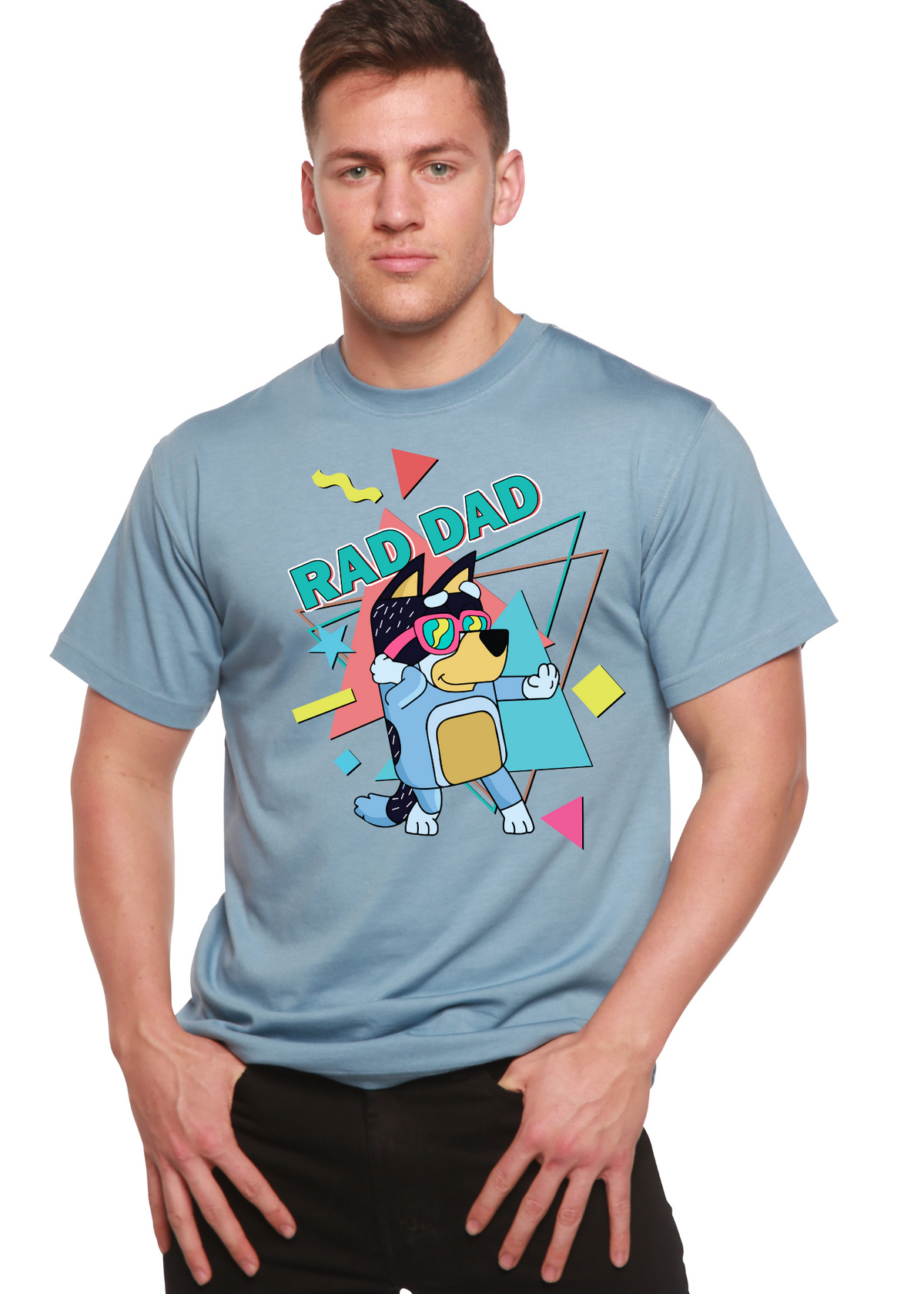 Spun Bamboo Rad Dad Bluey men's graphic T-shirt featuring Bluey character print and short sleeves, made from bamboo fabric.