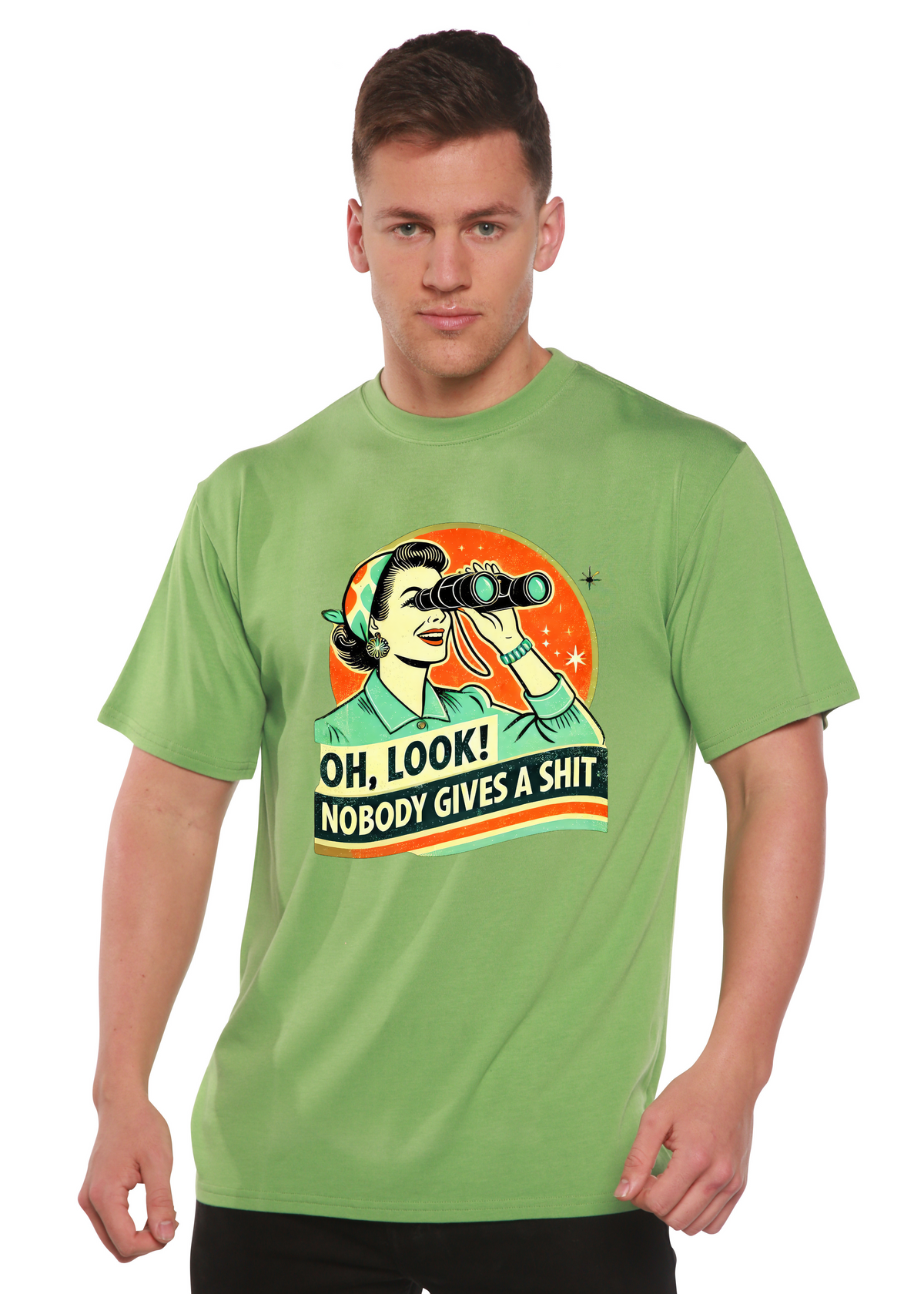 Mens printed graphic T-shirt by Spun Bamboo featuring retro woman design in bamboo and cotton fabric, unisex style.