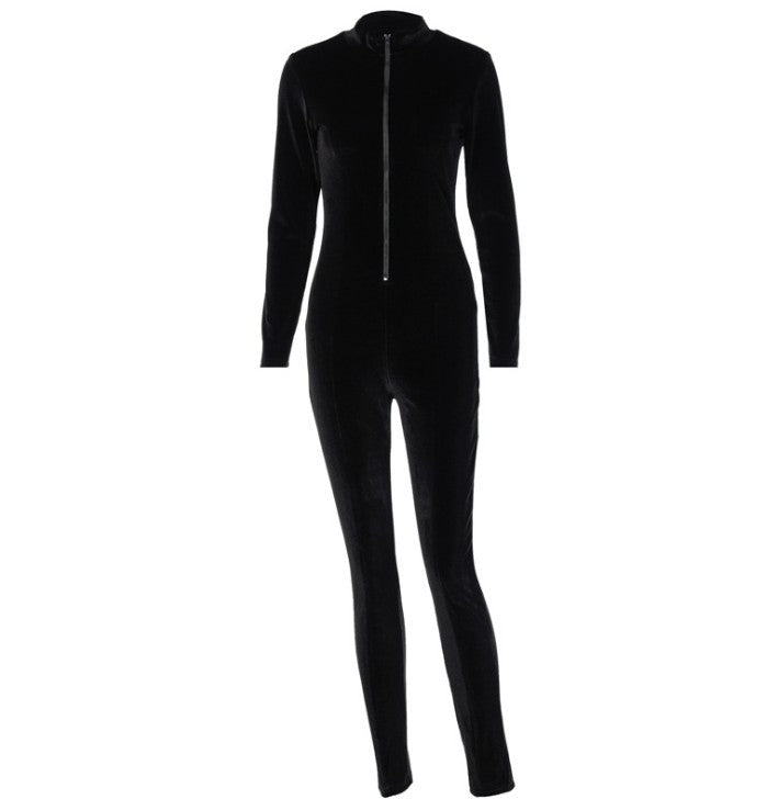 Women's long sleeve skinny velvet jumpsuit with front zipper and slim one-piece pants in solid color