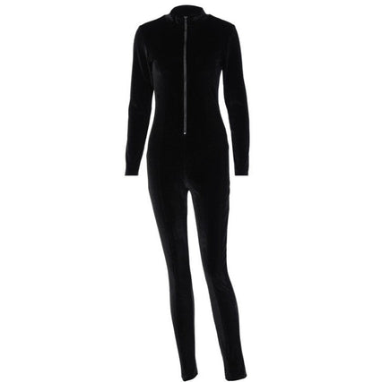 Women's long sleeve skinny velvet jumpsuit with front zipper and slim one-piece pants in solid color