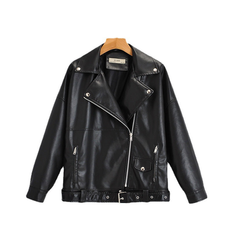Women's loose leather jacket with turn-down collar by My Store