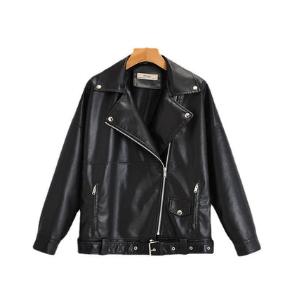 Women's loose leather jacket with turn-down collar by My Store
