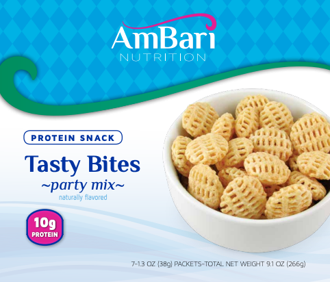 AmBari Nutrition Tasty Bites Snacks Party Mix with 10g protein in a colorful, crunchy snack mix bag.