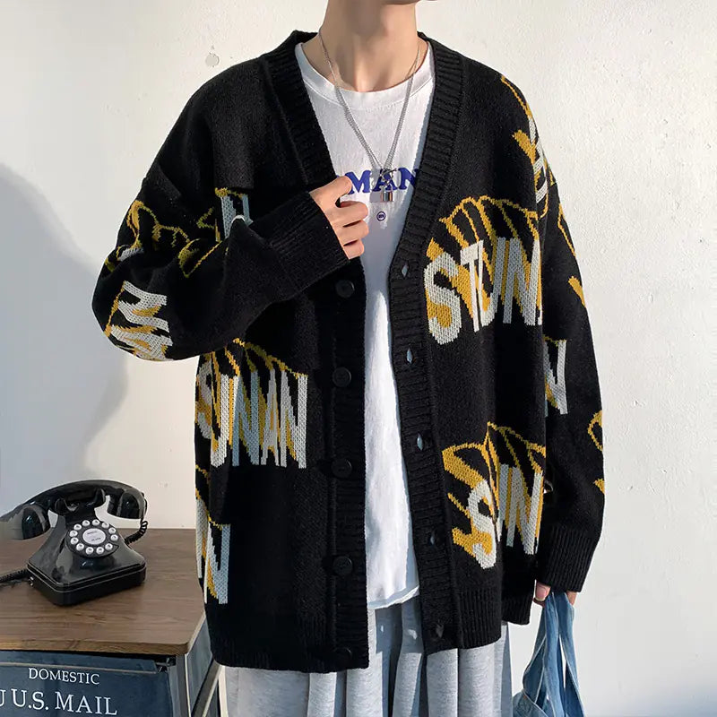 Men's Casual Loose Fit Letter Sweater Coat