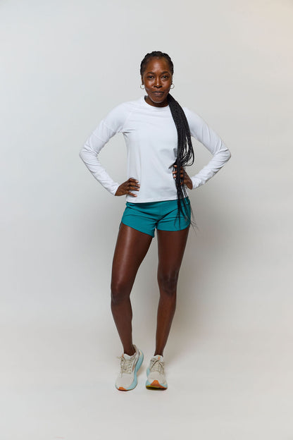 Goal Five Foudy 2.0 women's long sleeve athletic training top displayed on a model, designed for active wear and training.