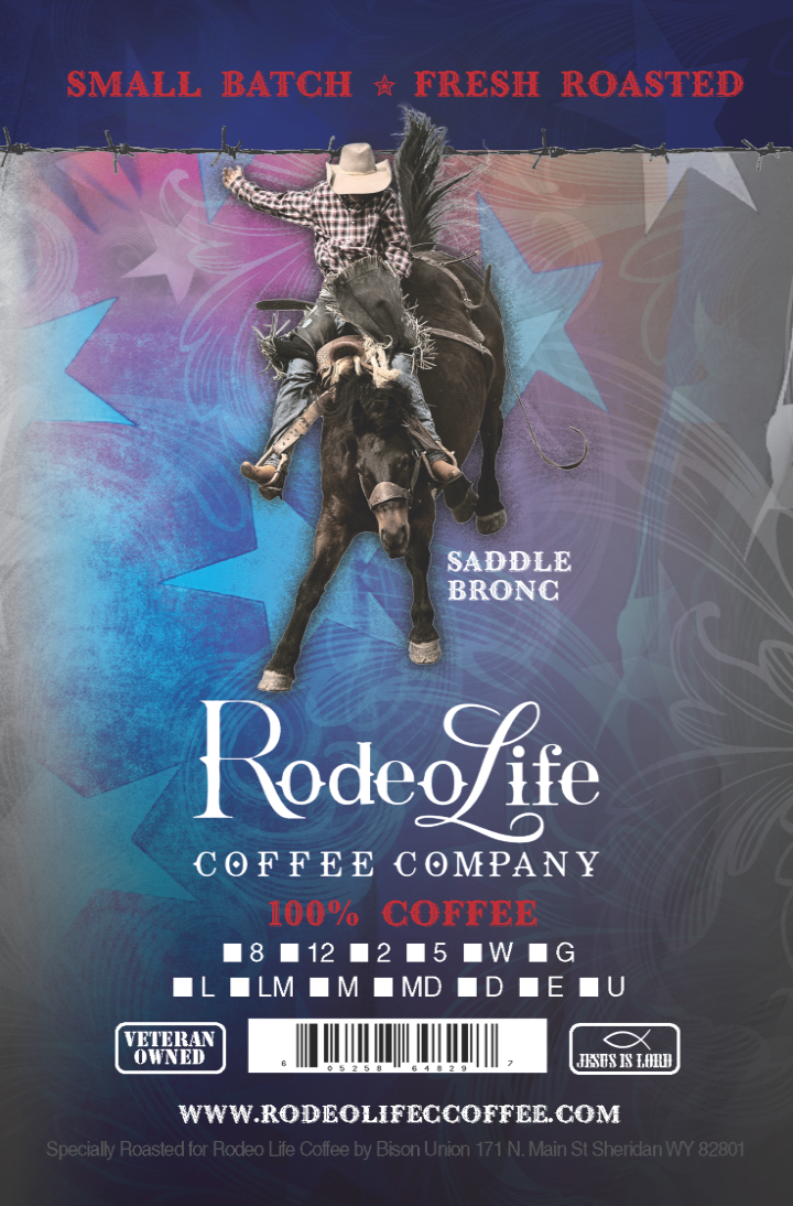 Rodeo Life Coffee Saddle Bronc 8 oz bag label featuring rodeo cowboy riding a bucking bronco in a western scene