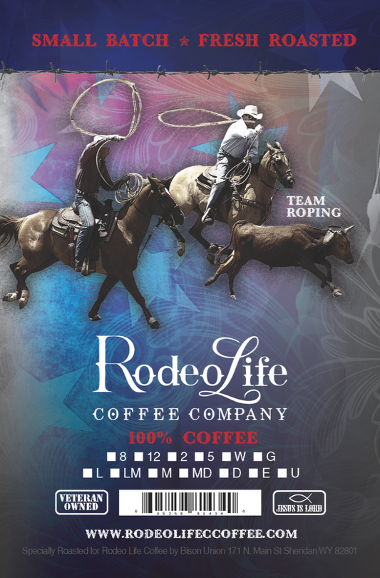 Rodeo Life Coffee bag labeled Team Roping 8 oz / 1 lb, featuring branding and label design for the coffee product.