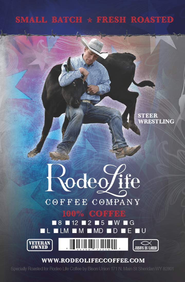 Rodeo Life Coffee steer wrestling-themed coffee bag label with bold graphics and event details on a 4x6-inch label.