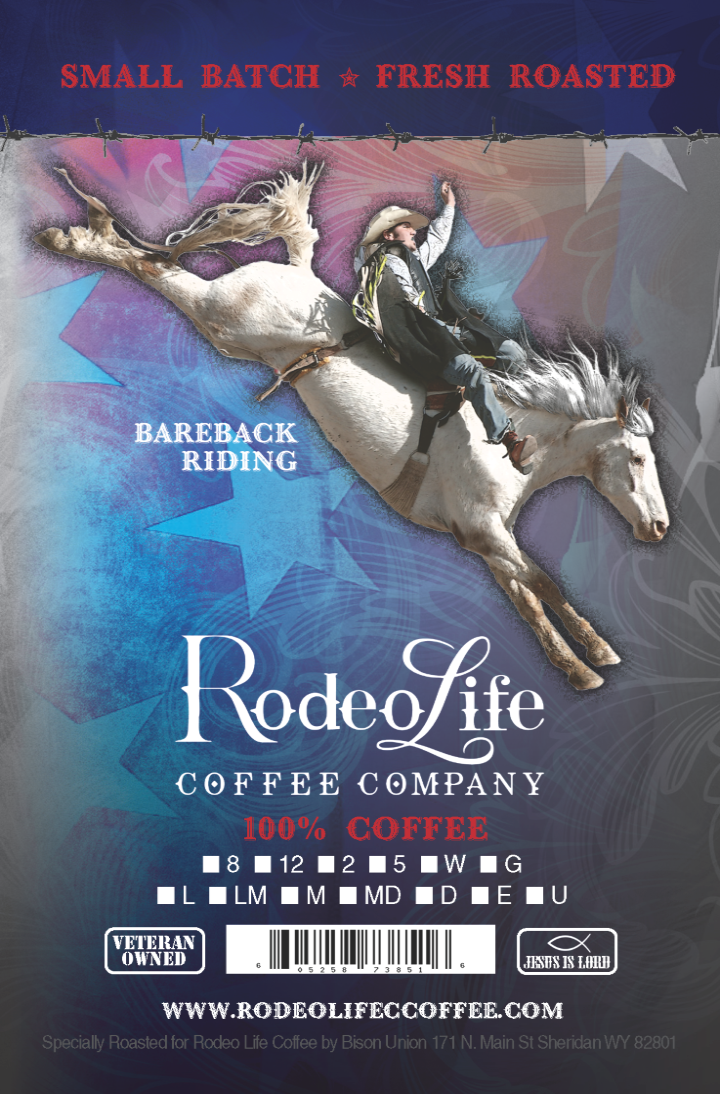 Rodeo Life Coffee Bareback Riding 8 oz bag label featuring rodeo cowboy riding bareback horse illustration.