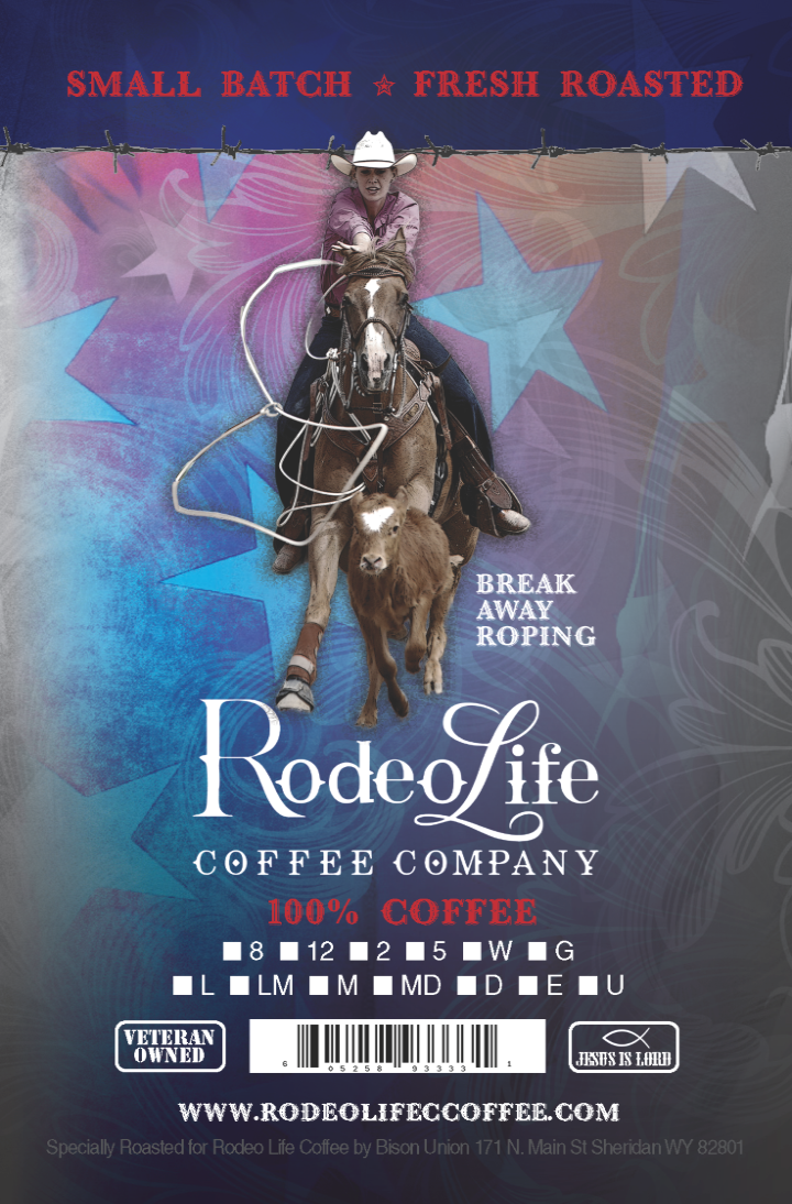 Rodeo Life Coffee bag label featuring product name "Break Away Roping" in 2lbs and 5lbs sizes with rodeo-themed design