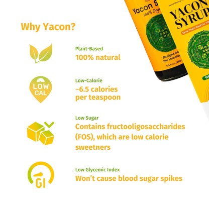 Organic Yacon Syrup by Nepal Tea in a glass bottle, showing the dark, thick syrup inside on a white background.
