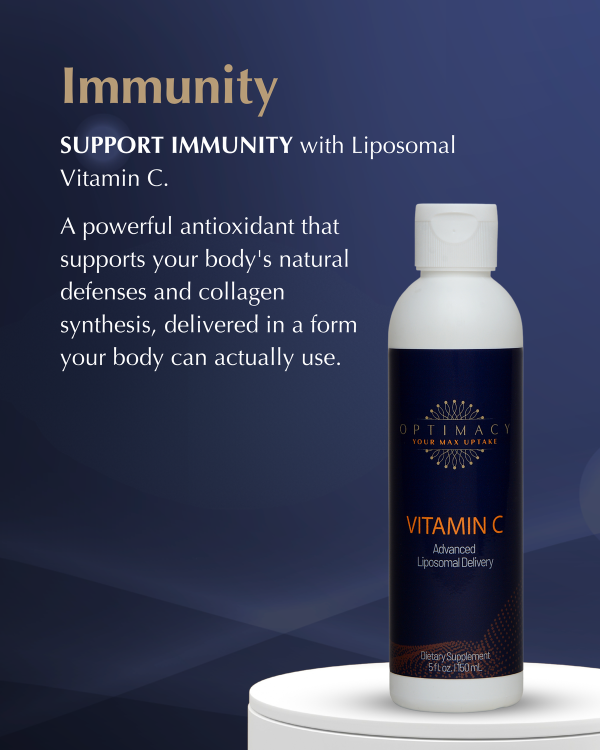 Liposomal Vitamin C supplement bottle from Optimacy, showing the label and orange-colored liquid inside the container.