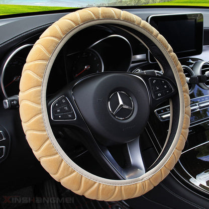 Plush car steering wheel cover in soft fabric, shown from the front