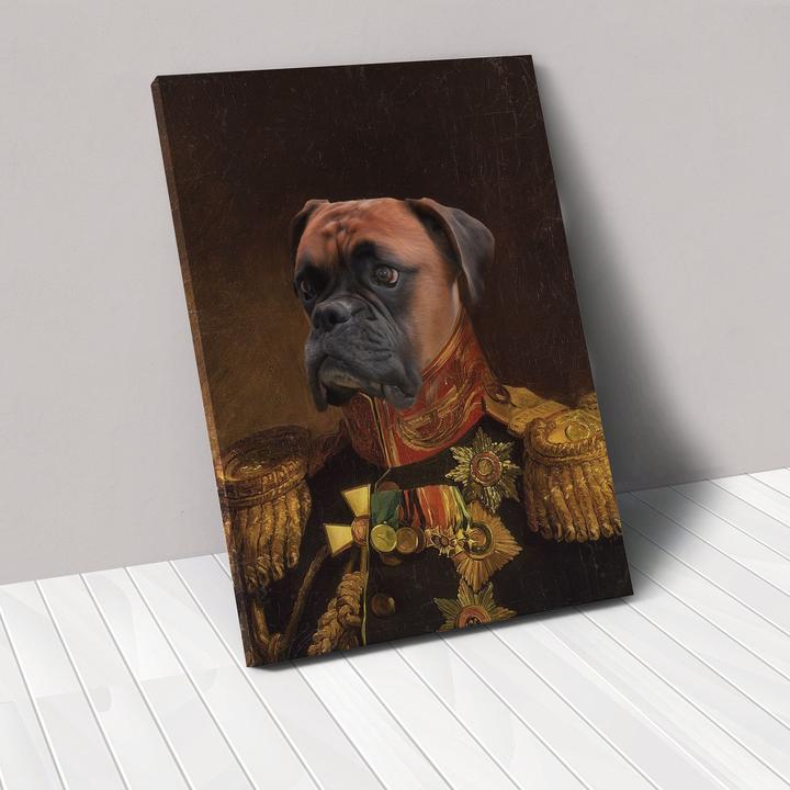 Personalized pet canvas portrait artwork featuring a custom pet image and detailed painted-style design