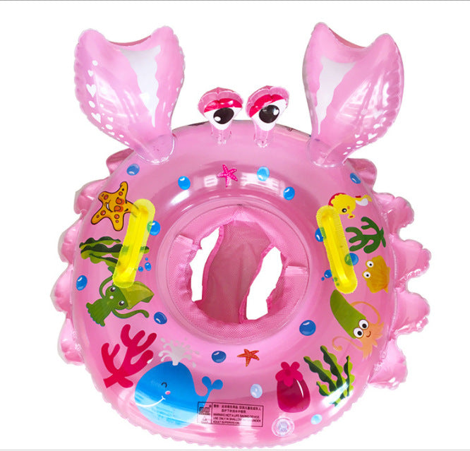 Cartoon crab-shaped swimming ring float, bright playful design for pool or beach use