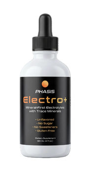 PHASIS Electro+ Drops in a small bottle, clear liquid supplement for electrolyte replenishment and hydration support.