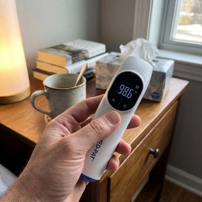 Med-Pat TH-1 4-in-1 infrared thermometer measuring ear and forehead temperature with digital display.