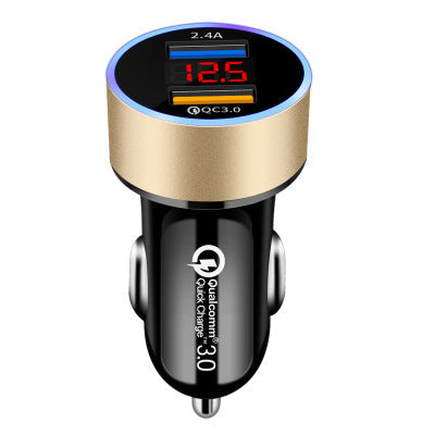 Digital PD car charger with compact design and LED display, shown in black against a plain background
