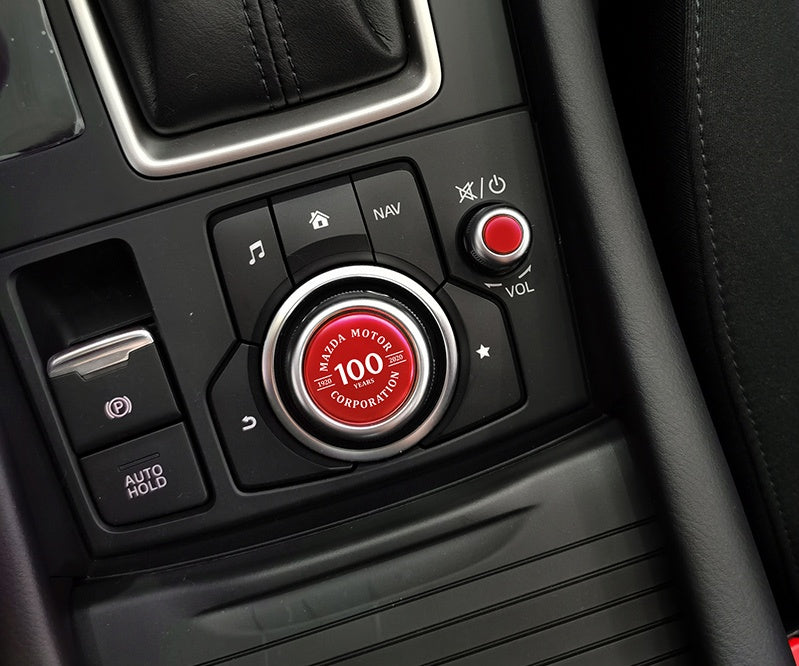 Central control knob sticker product label decal, close-up view