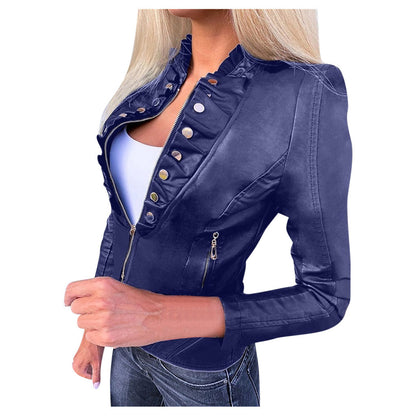 Slim winter PU motorcycle leather jacket in black with zip front and fitted design