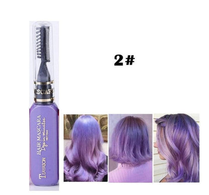 Temporary hair dye mascara for coloring and styling hair strands, product tube shown against a plain background