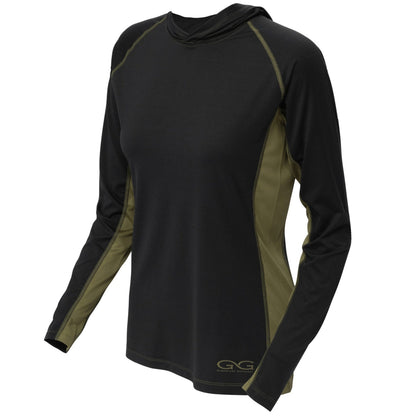 GameGuard Caviar + Olive Ladies' performance hoodie, side crop view showing breathable fabric and stylish fit.