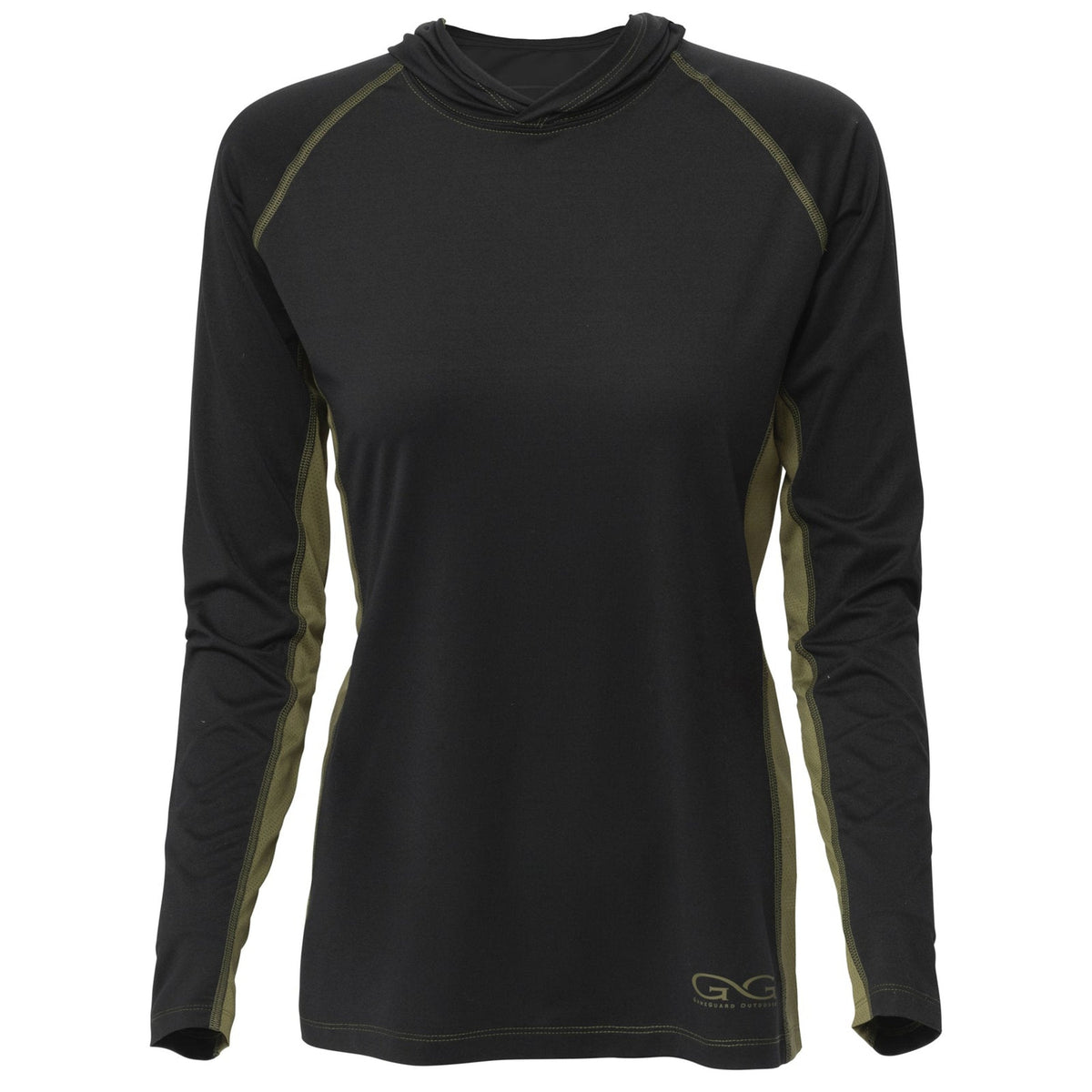 GameGuard Caviar + Olive ladies' performance hoody, front view showing fitted design and breathable fabric for activewear.