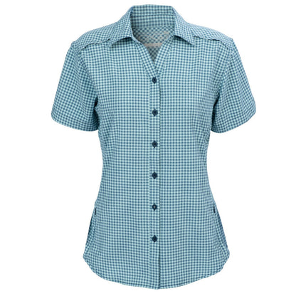 Sea Glass Ladies' TekCheck Shirt by GameGuard, front view showing a stylish checkered pattern in blue and white.