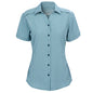 Sea Glass Ladies' TekCheck Shirt by GameGuard, front view showing a stylish checkered pattern in blue and white.