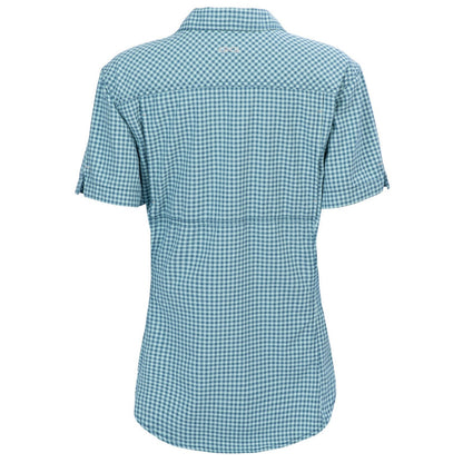Back view of GameGuard Sea Glass Ladies' TekCheck Shirt with plaid pattern and long sleeves, displayed flat.