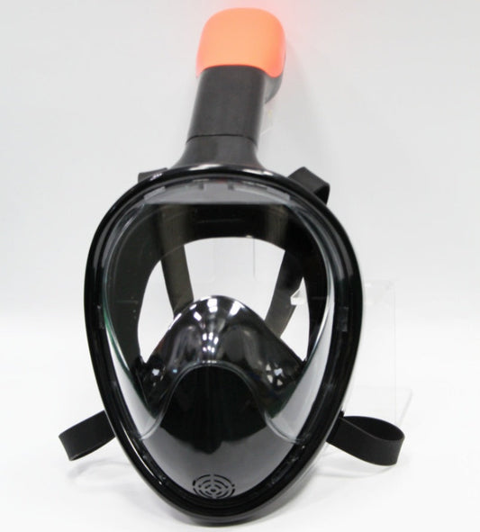 Full-face silicone snorkeling goggles with anti-fog lens, GoPro mount, and dry snorkel for swimming