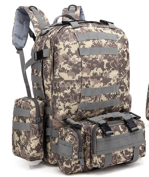 Men's army camouflage travel backpack in durable Oxford cloth with double shoulder straps and multiple compartments