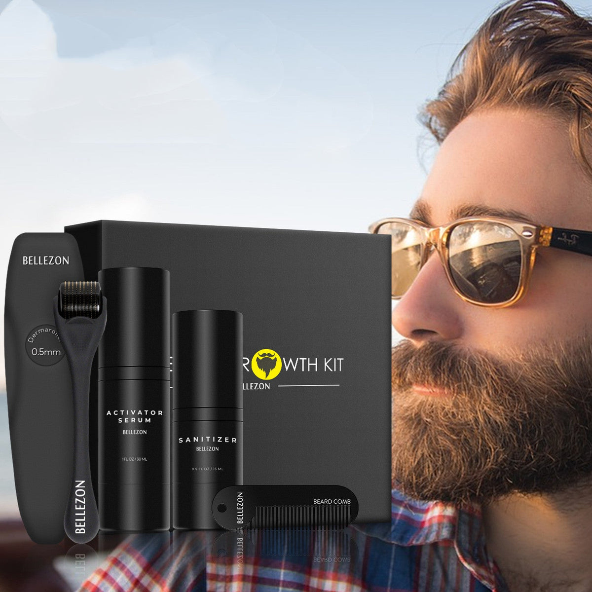 Beard Growth Liquid Beard Care Set with bottles and grooming essentials displayed together