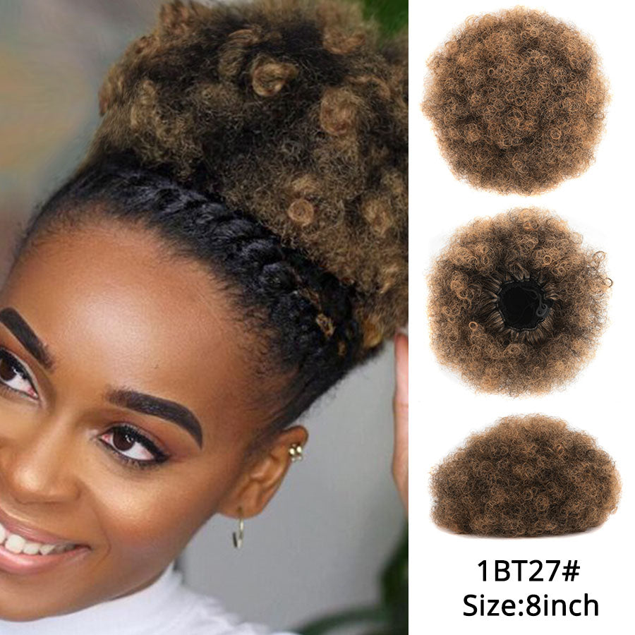 High puff ponytail hairpiece with voluminous textured curls in a natural-looking style
