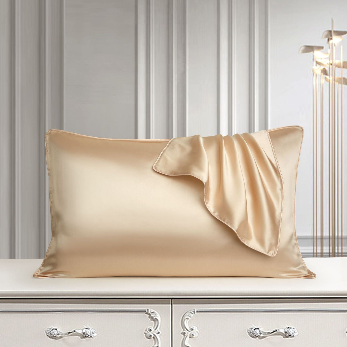 White pure silk pillowcase in a smooth, natural silk fabric close-up