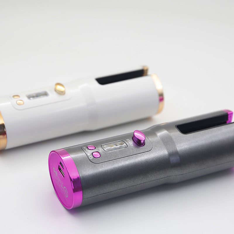 Wireless automatic curler with portable USB charging design in white and pink tones