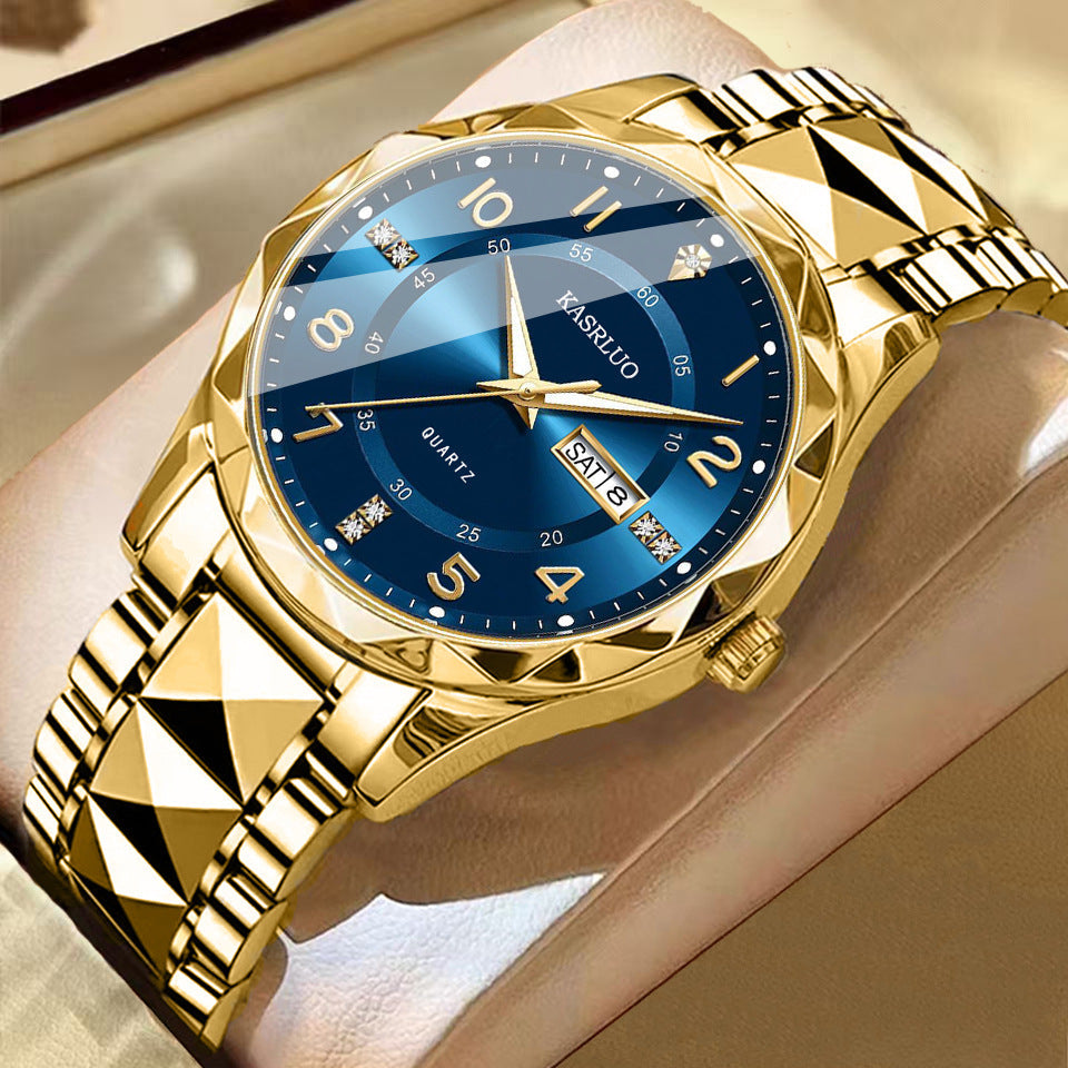 Men's dual calendar waterproof luminous quartz watch with dark dial and metal strap