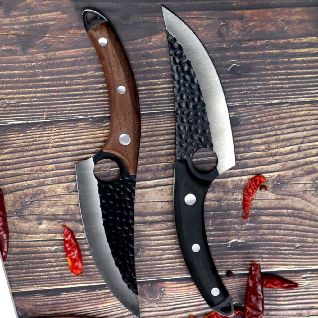 Small scimitar meat boning and skinning knife for slaughtering and butchering pigs