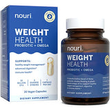 Nouri Oil Probiotic and Omega weight health capsules in a bottle, dietary vitamins and supplements by Pasteur Pharmacy.