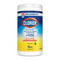 Saxophone care and cleaning supplies featuring Clorox disinfecting wipes with lemon scent in white canisters, 75 wipes per canister.