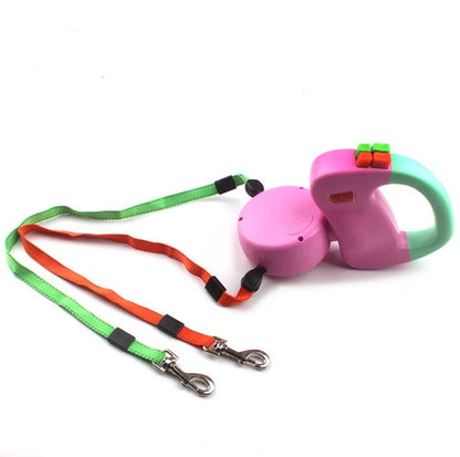 Retractable dual pet dog walking leash with two leads for walking two dogs