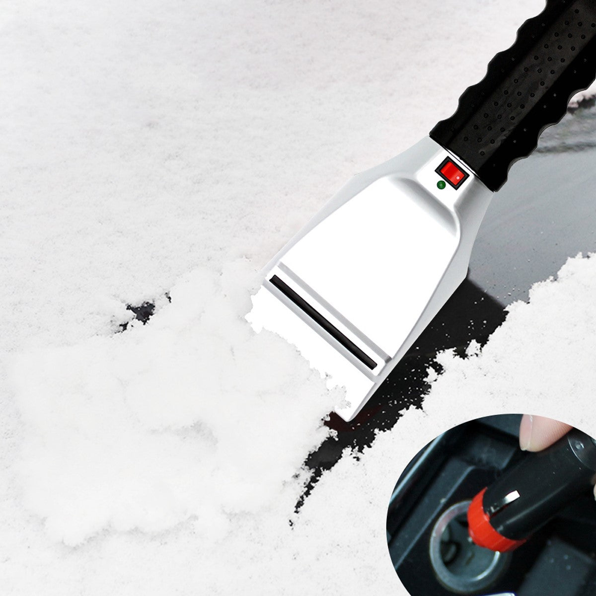 Heated snow removal shovel for vehicle with wide blade and ergonomic handle