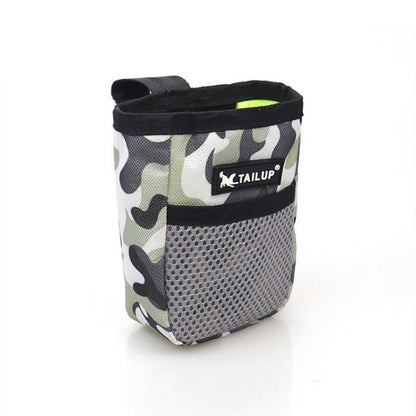 Training dog snack bags in assorted colors with drawstring closure and belt clip
